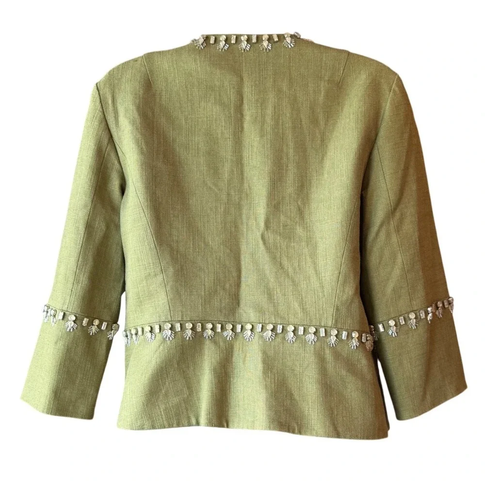 TORY BURCH Avery Hills Linen Blend 3/4 Jacket Blazer Olive Green Size‎ 4 New